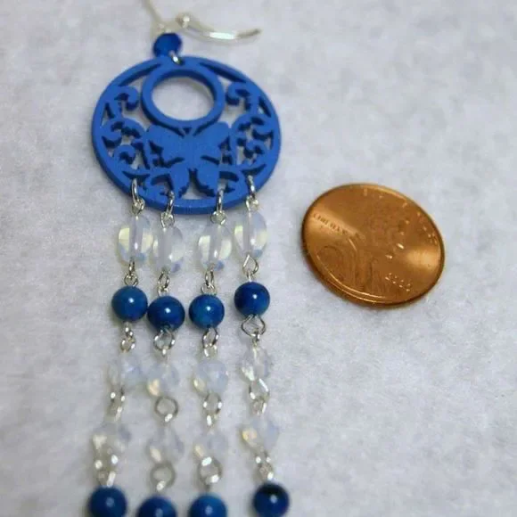Handmade Blue Wooden Butterflies, Opalite, & Fossil Stone Chandelier Earrings - Picture 4 of 5